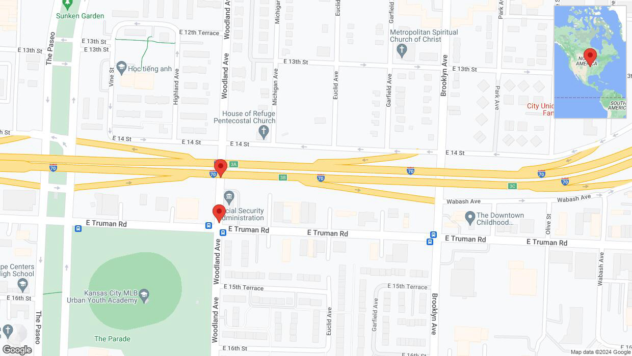 A detailed map that shows the affected road due to 'East Truman Road closed in Kansas City' on August 14th at 2:20 p.m.