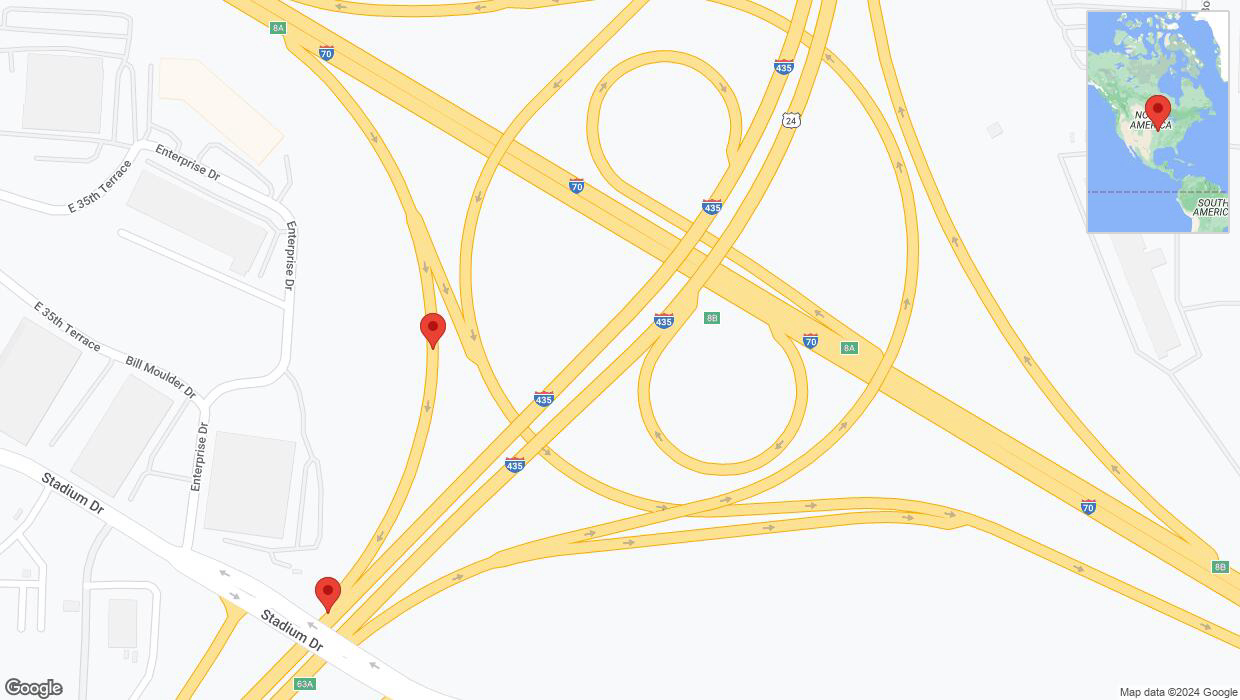 A detailed map that shows the affected road due to 'Broken down vehicle on Interstate 435 in Kansas City' on August 14th at 3:44 p.m.
