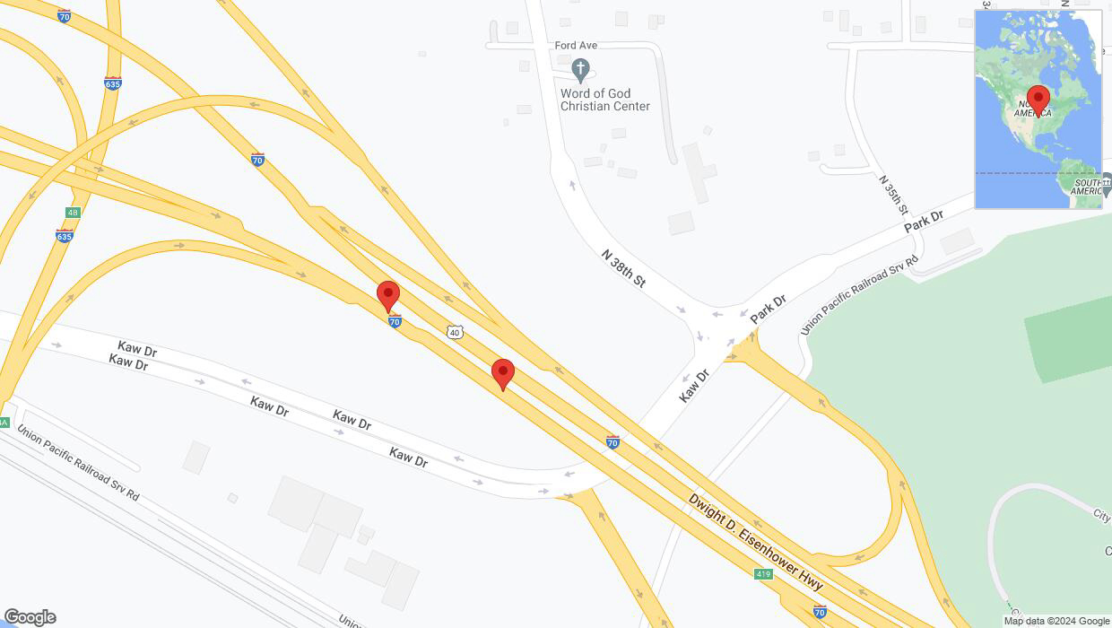 A detailed map that shows the affected road due to 'Broken down vehicle on eastbound I-70 in Kansas City' on August 14th at 5:08 p.m.