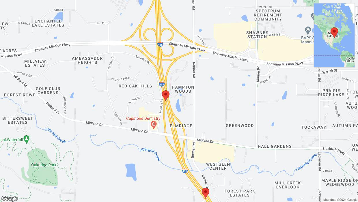 A detailed map that shows the affected road due to 'Lane on I-435 closed in Shawnee' on August 16th at 5:02 p.m.