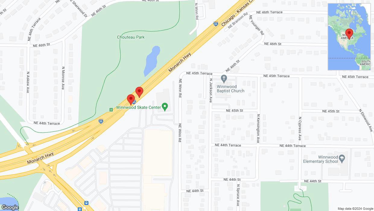 A detailed map that shows the affected road due to 'Broken down vehicle on northbound I-35 in Kansas City' on August 14th at 5:44 p.m.