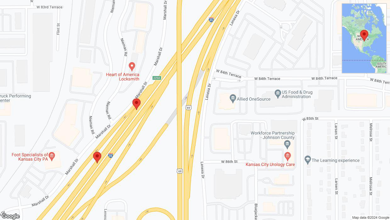 A detailed map that shows the affected road due to 'Broken down vehicle on westbound I-35 in Overland Park' on August 14th at 7:56 p.m.