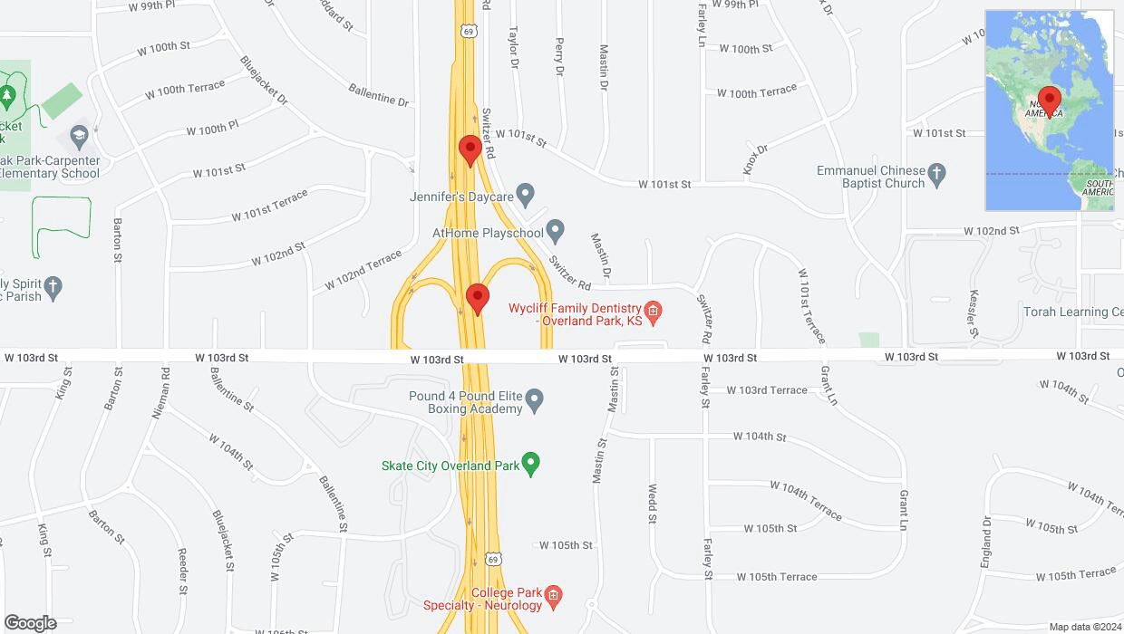 A detailed map that shows the affected road due to 'Broken down vehicle on northbound US-69 in Overland Park' on August 14th at 6:02 p.m.