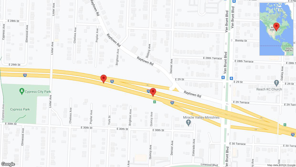 A detailed map that shows the affected road due to 'Broken down vehicle on eastbound I-70 in Kansas City' on August 14th at 9:32 p.m.