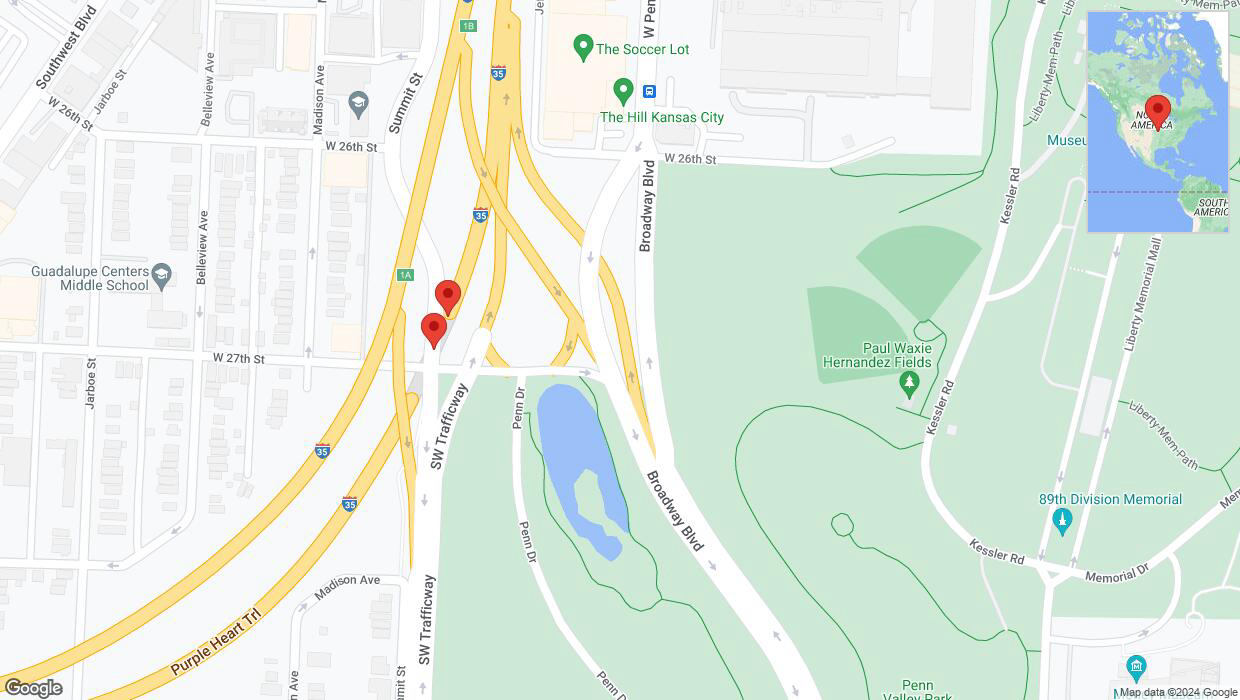 A detailed map that shows the affected road due to 'Broken down vehicle on northbound I-35 in Kansas City' on August 14th at 6:14 p.m.