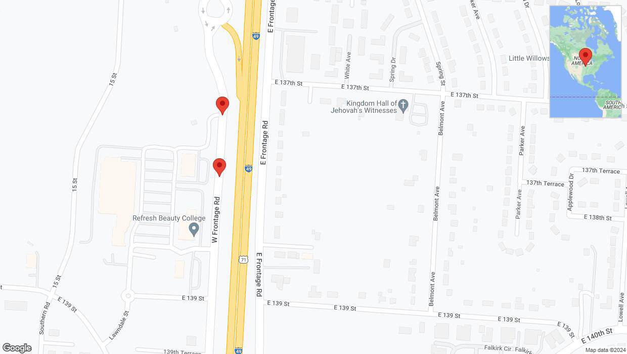 A detailed map that shows the affected road due to 'Broken down vehicle on U.S. 71 in Grandview' on August 14th at 6:02 p.m.