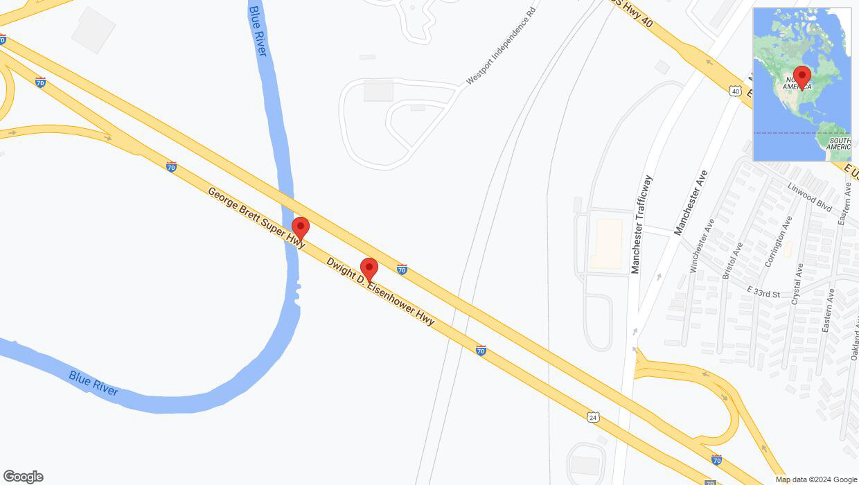 A detailed map that shows the affected road due to 'Broken down vehicle on eastbound I-70 in Kansas City' on August 14th at 6:26 p.m.