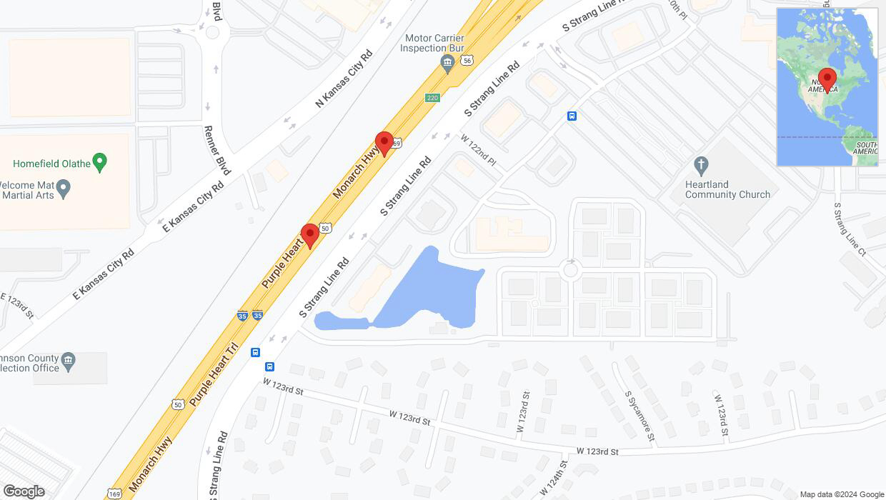 A detailed map that shows the affected road due to 'Broken down vehicle on eastbound I-35 in Olathe' on August 14th at 6:44 p.m.