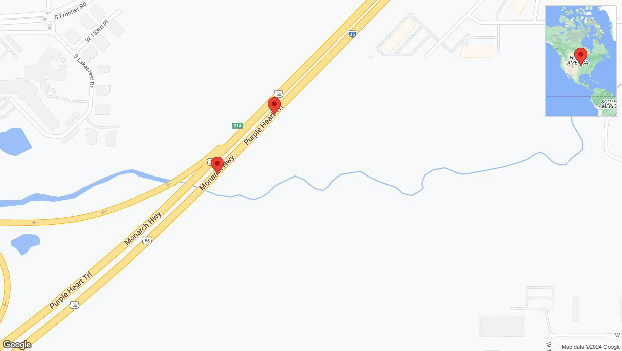 A detailed map that shows the affected road due to 'Broken down vehicle on eastbound I-35 in Olathe' on August 14th at 7:08 p.m.