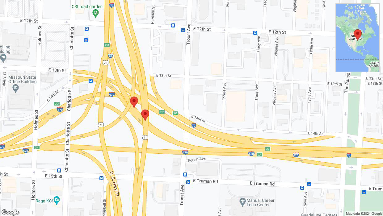 A detailed map that shows the affected road due to 'Broken down vehicle on eastbound I-70 in Kansas City' on August 14th at 7:14 p.m.