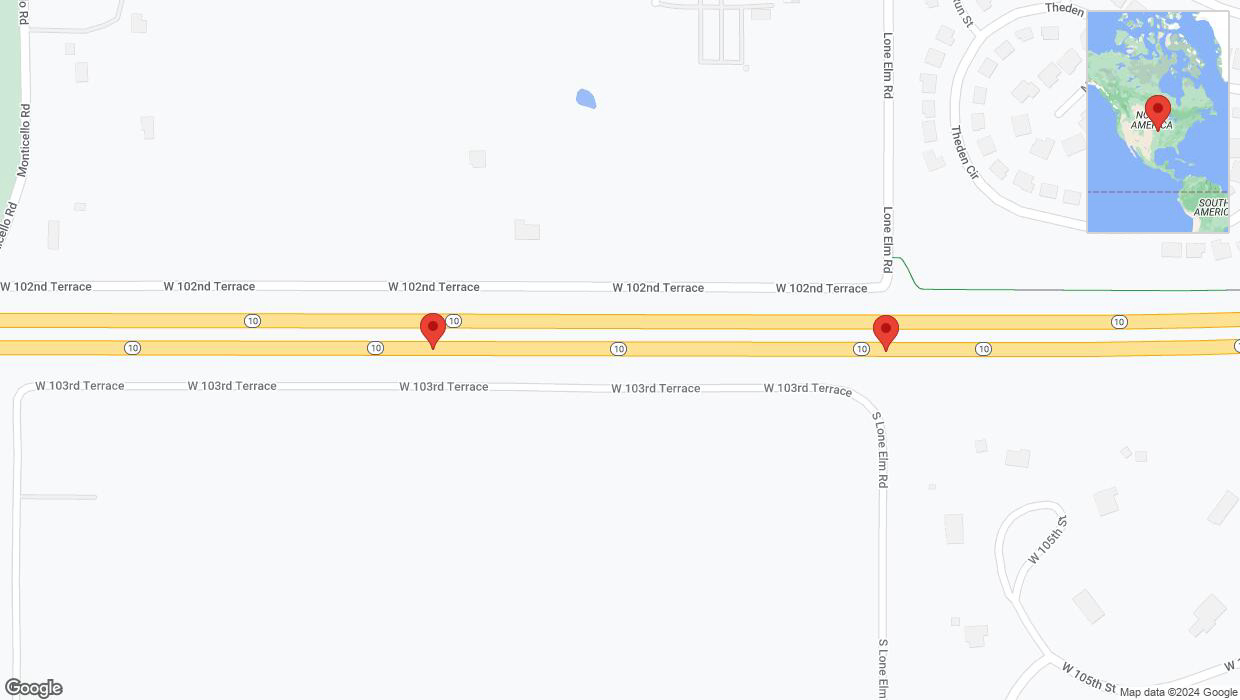 A detailed map that shows the affected road due to 'Broken down vehicle on eastbound K-10 in Lenexa' on August 14th at 7:17 p.m.