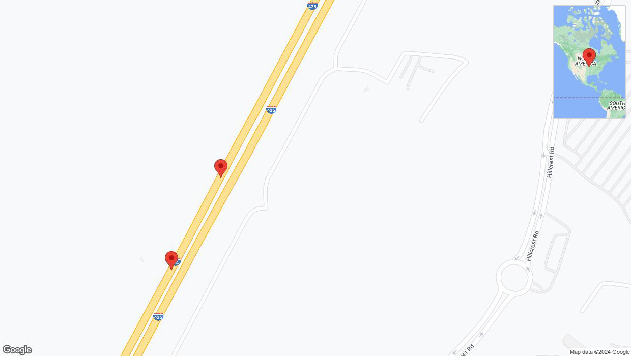 A detailed map that shows the affected road due to 'Broken down vehicle on southbound I-435 in Kansas City' on August 14th at 9:02 p.m.