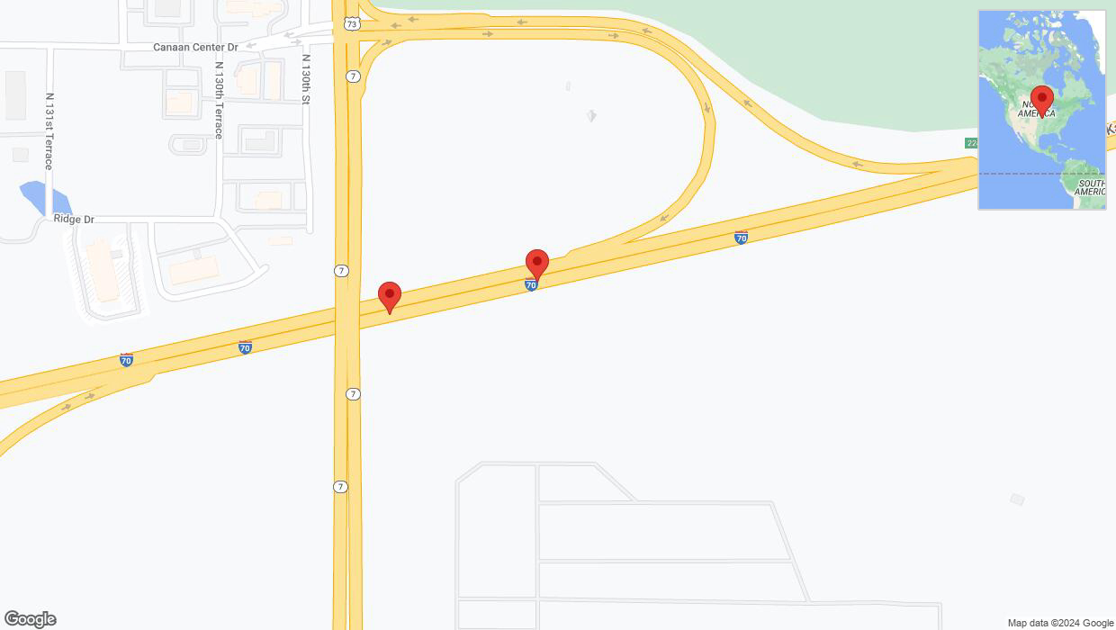 A detailed map that shows the affected road due to 'Broken down vehicle on eastbound I-70 in Bonner Springs' on August 14th at 11:08 p.m.