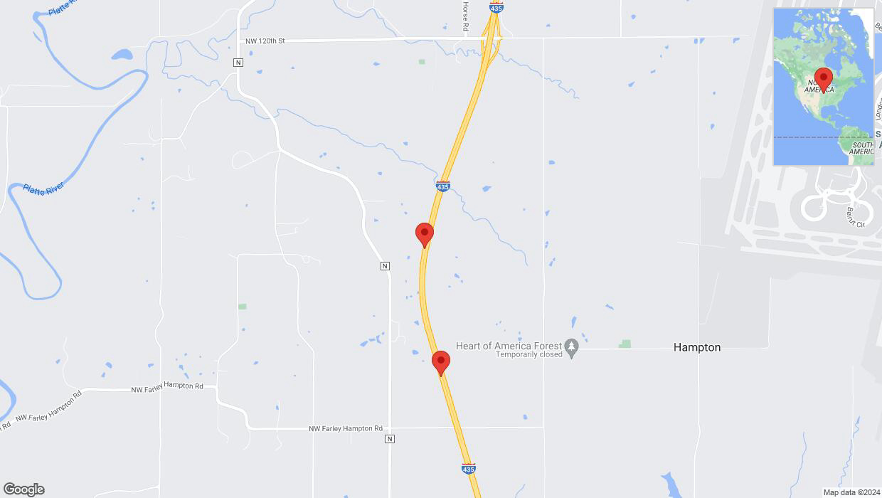 A detailed map that shows the affected road due to 'Heavy rain prompts traffic warning on southbound I-435 in Platte City' on August 14th at 11:44 p.m.