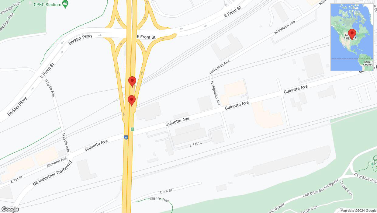 A detailed map that shows the affected road due to 'Broken down vehicle on northbound I-29/I-35 in Kansas City' on August 16th at 3:32 p.m.