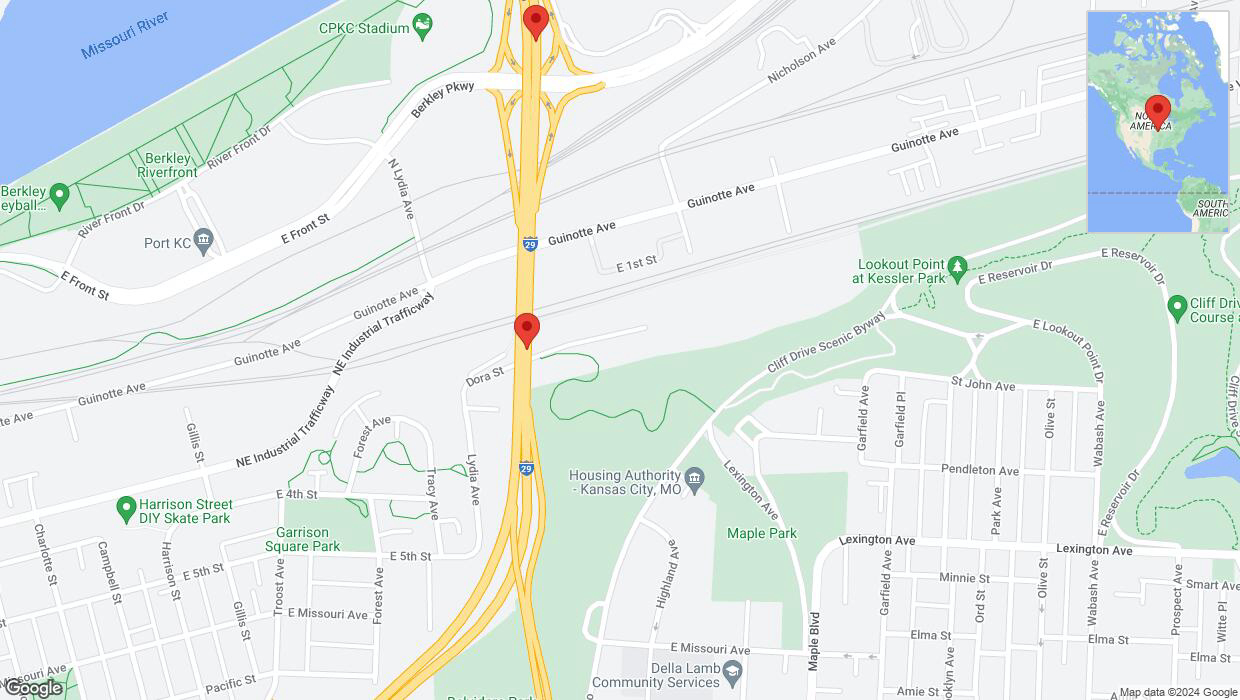A detailed map that shows the affected road due to 'Crash reported on northbound I-29/I-35 in Kansas City' on August 15th at 1:36 p.m.