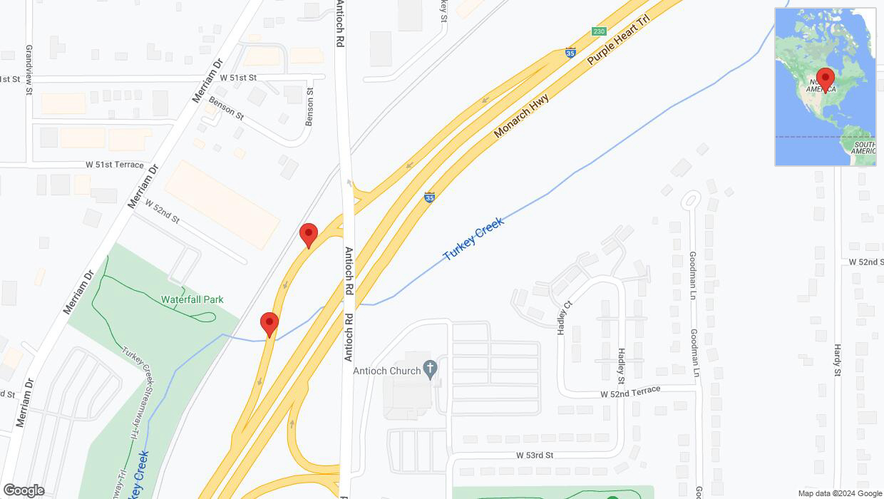 A detailed map that shows the affected road due to 'Warning in Overland Park: Crash reported on Hadley Street' on August 15th at 4:06 p.m.