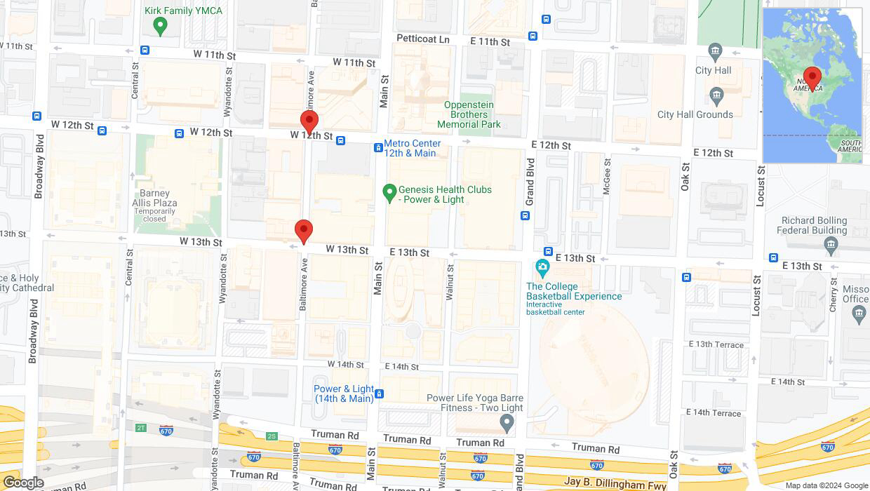 A detailed map that shows the affected road due to 'Baltimore Avenue temporarily closed in Kansas City' on August 15th at 7:24 p.m.