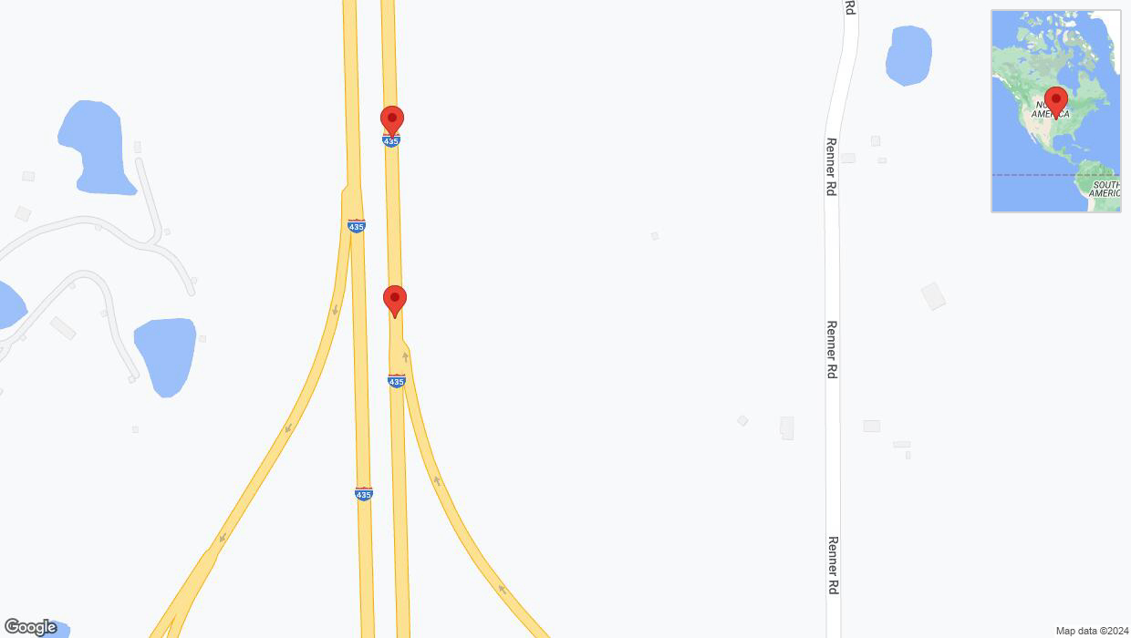 A detailed map that shows the affected road due to 'Broken down vehicle on northbound I-435 in Shawnee' on August 15th at 8:42 p.m.