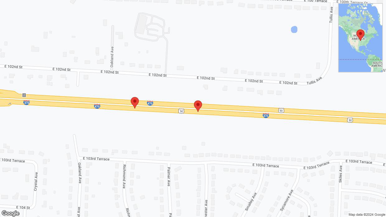 A detailed map that shows the affected road due to 'Broken down vehicle on eastbound I-470 in Kansas City' on August 16th at 5:02 p.m.