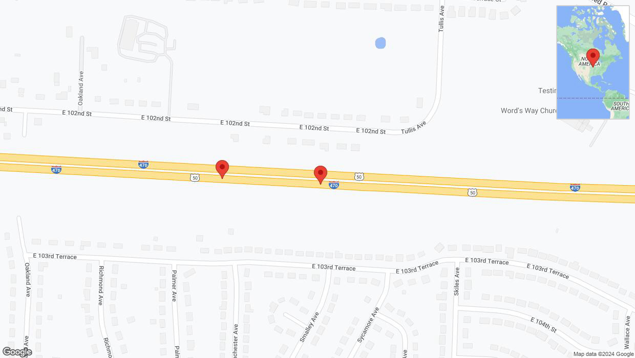 A detailed map that shows the affected road due to 'Broken down vehicle on eastbound I-470 in Kansas City' on August 15th at 11:12 p.m.