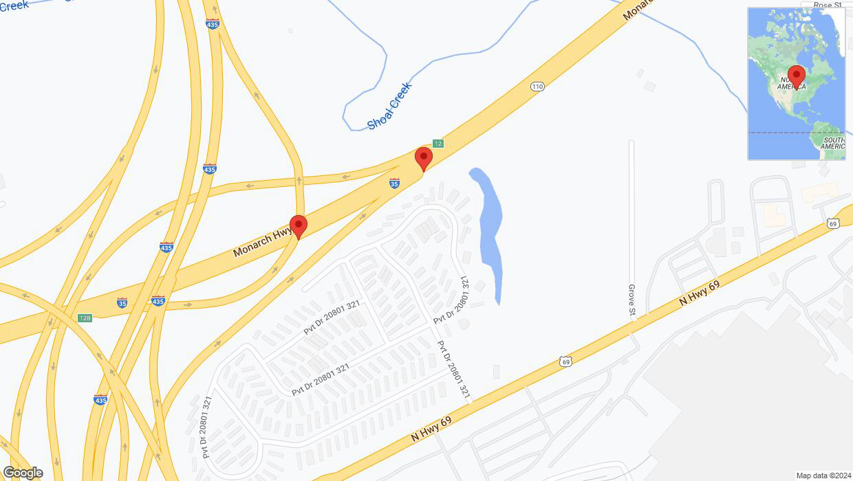 A detailed map that shows the affected road due to 'Broken down vehicle on northbound I-35 in Liberty' on August 16th at 12:56 p.m.