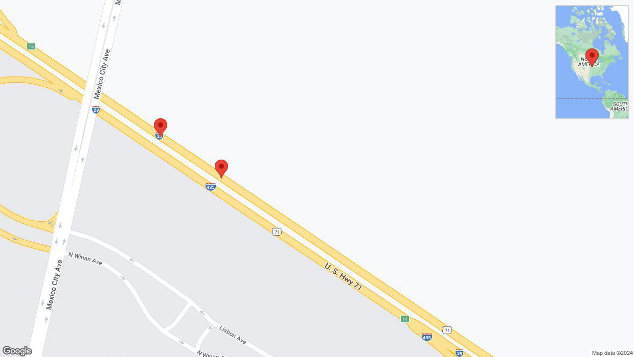 A detailed map that shows the affected road due to 'Broken down vehicle on northbound I-435/I-29 in Kansas City' on August 16th at 1:08 p.m.