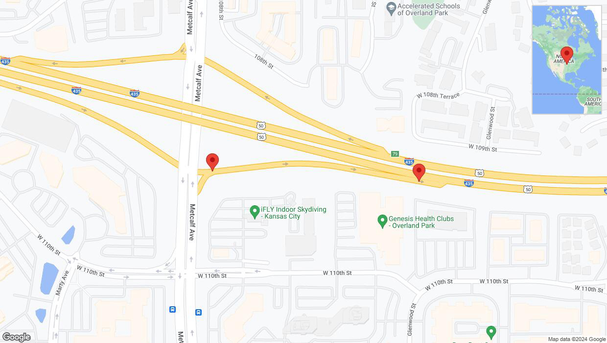 A detailed map that shows the affected road due to 'Broken down vehicle on Metcalf Avenue in Overland Park' on August 16th at 2:32 p.m.