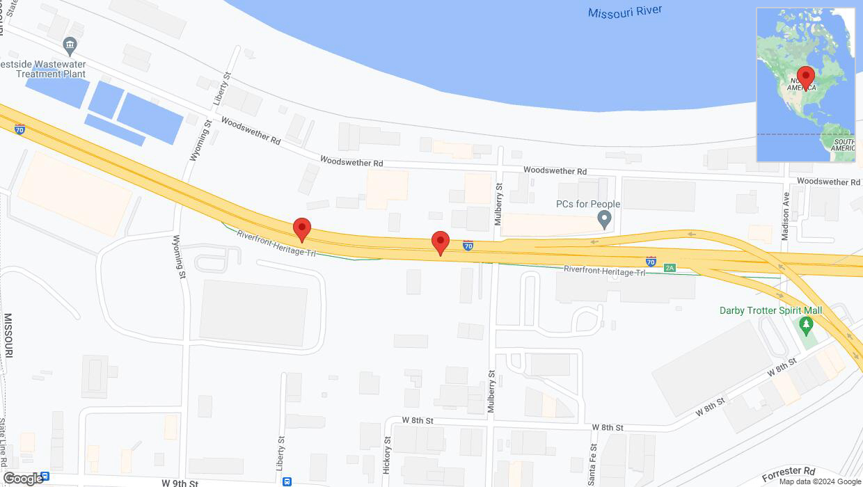 A detailed map that shows the affected road due to 'Broken down vehicle on eastbound I-70 in Kansas City' on August 16th at 3:44 p.m.