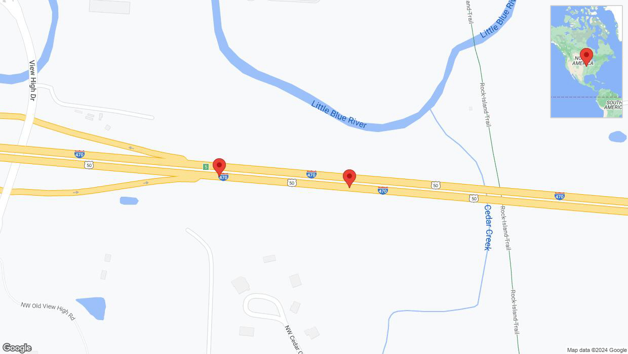 A detailed map that shows the affected road due to 'Broken down vehicle on eastbound I-470 in Kansas City' on August 16th at 4:20 p.m.