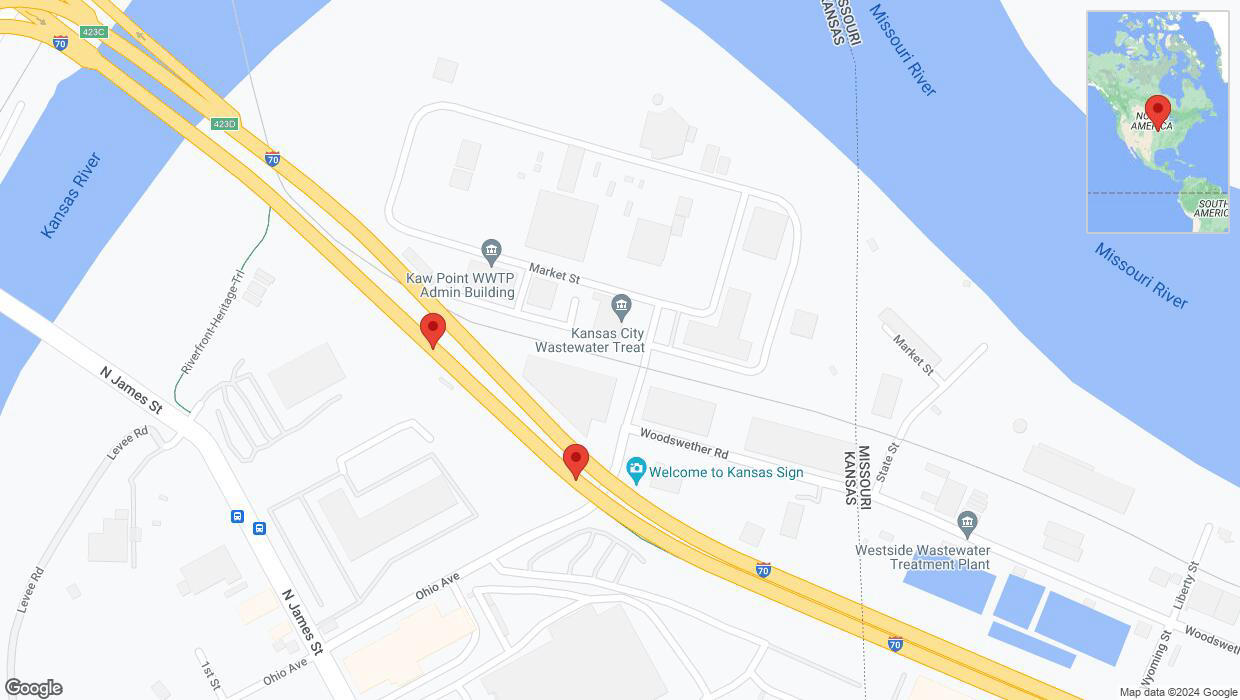 A detailed map that shows the affected road due to 'Broken down vehicle on eastbound I-70 in Kansas City' on August 16th at 5:44 p.m.
