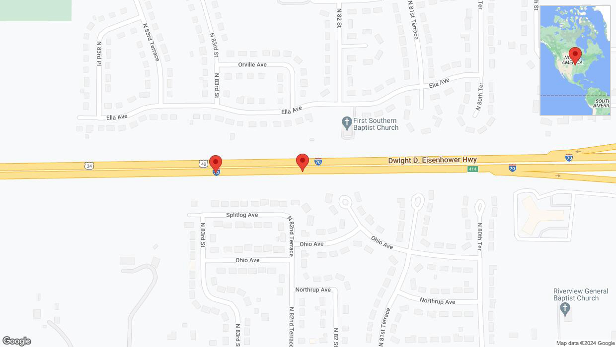 A detailed map that shows the affected road due to 'Broken down vehicle on eastbound I-70 in Kansas City' on August 16th at 6:56 p.m.