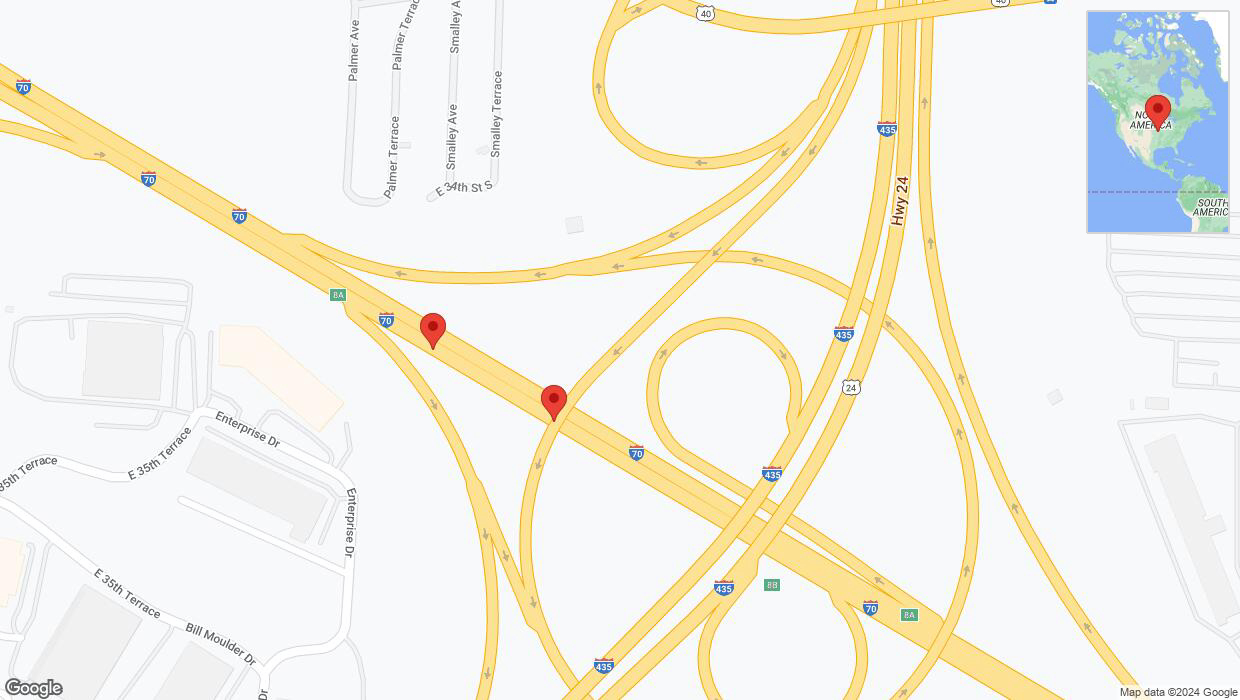 A detailed map that shows the affected road due to 'Broken down vehicle on eastbound I-70 in Kansas City' on August 16th at 8:50 p.m.