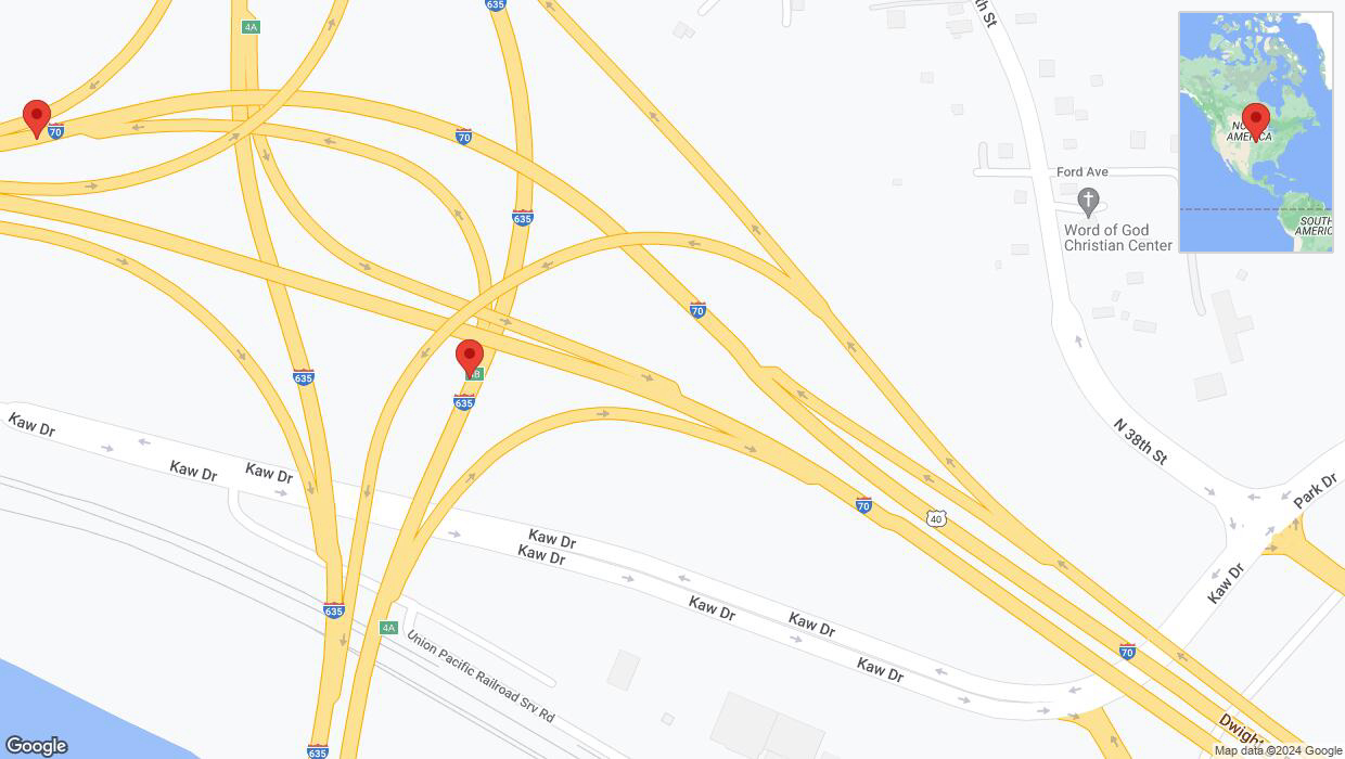 A detailed map that shows the affected road due to 'Kansas City: Harry Darby Memorial Highway temporarily closed' on August 16th at 8:56 p.m.