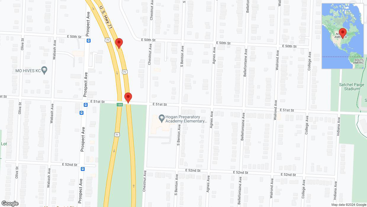 A detailed map that shows the affected road due to 'Broken down vehicle on northbound the Bruce R Watkins Expressway/US-71 in Kansas City' on August 16th at 11:20 p.m.