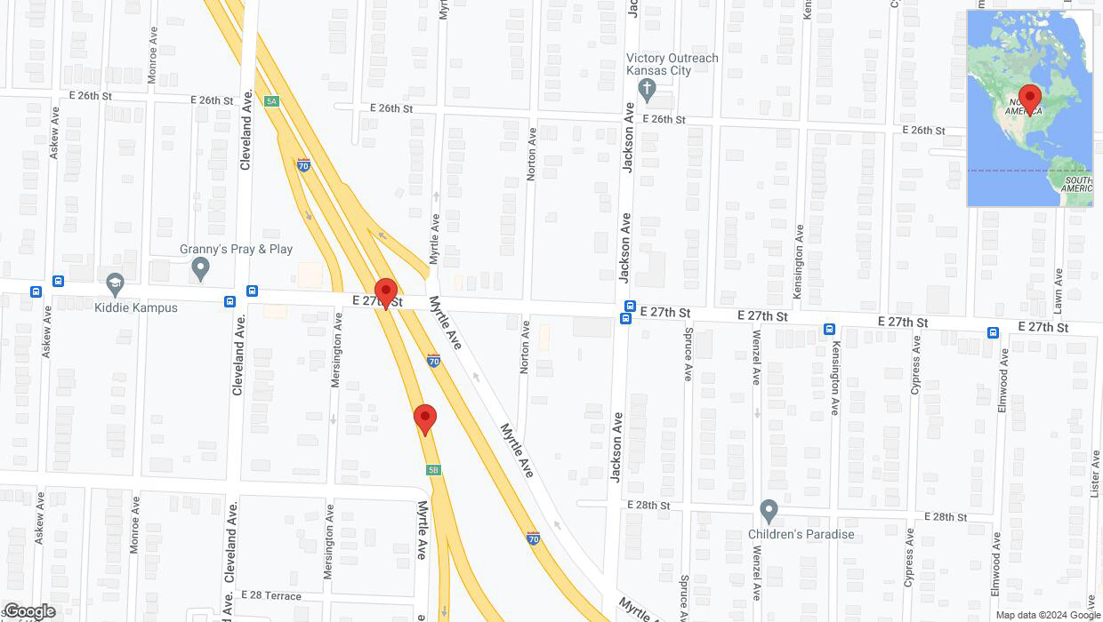 A detailed map that shows the affected road due to 'Broken down vehicle on eastbound I-70 in Kansas City' on August 16th at 10:20 p.m.