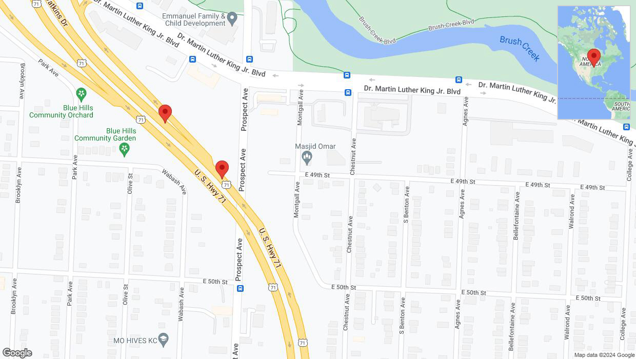 A detailed map that shows the affected road due to 'Broken down vehicle on northbound the Bruce R Watkins Expressway/US-71 in Kansas City' on August 16th at 10:50 p.m.