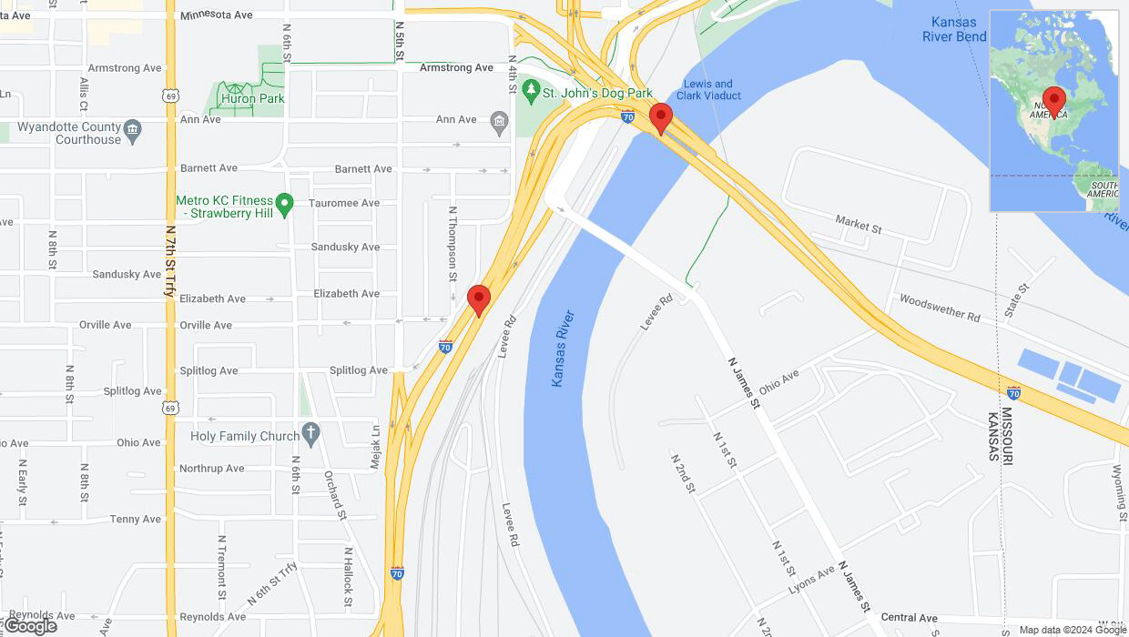 A detailed map that shows the affected road due to 'Kansas City: I-70 temporarily closed' on August 16th at 10:50 p.m.