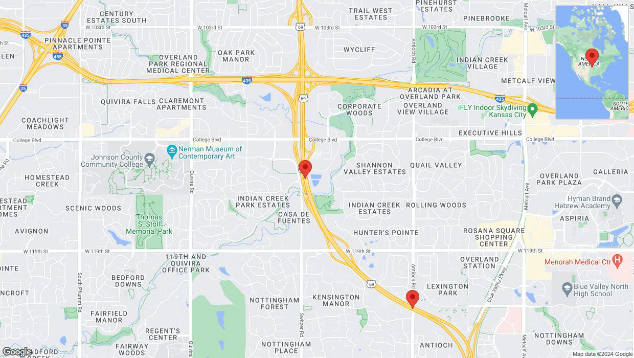 A detailed map that shows the affected road due to 'Lane on US-69 closed in Overland Park' on August 17th at 12:02 p.m.