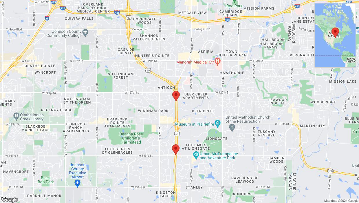 A detailed map that shows the affected road due to 'Lane on US-69 closed in Overland Park' on August 17th at 12:02 p.m.