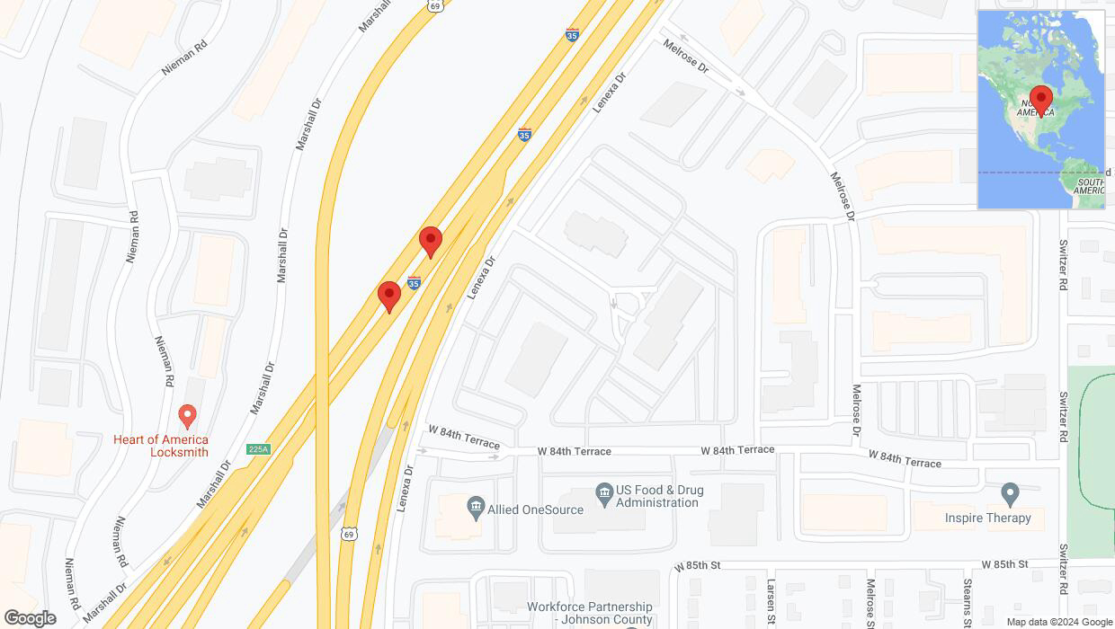 A detailed map that shows the affected road due to 'Broken down vehicle on eastbound I-35 in Lenexa' on August 17th at 4:38 p.m.