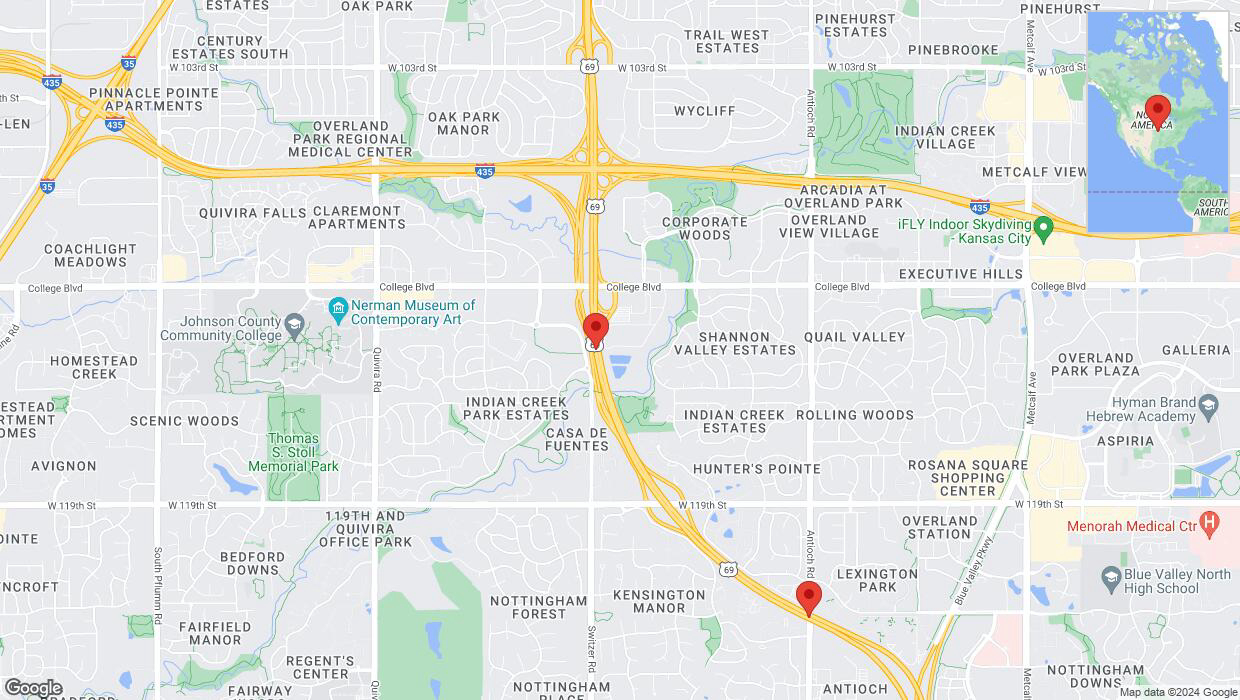 A detailed map that shows the affected road due to 'Lane on US-69 closed in Overland Park' on August 18th at 1:07 p.m.