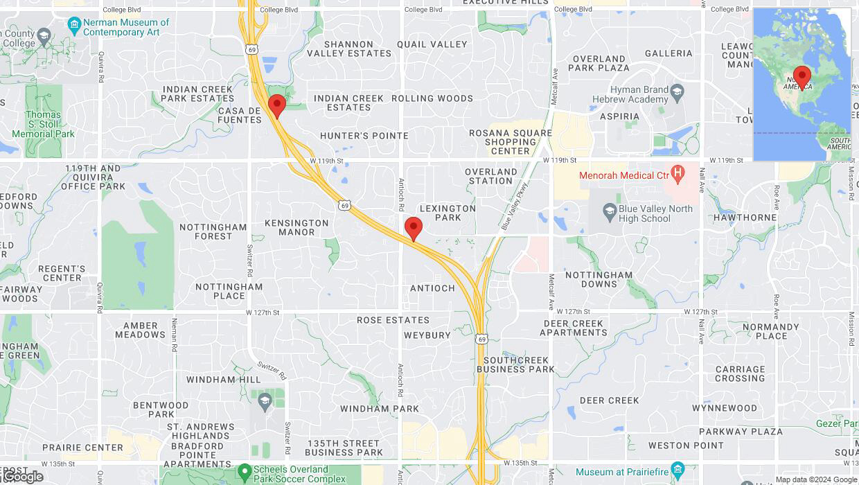 A detailed map that shows the affected road due to 'Lane on US-69 closed in Overland Park' on August 19th at 8:45 p.m.