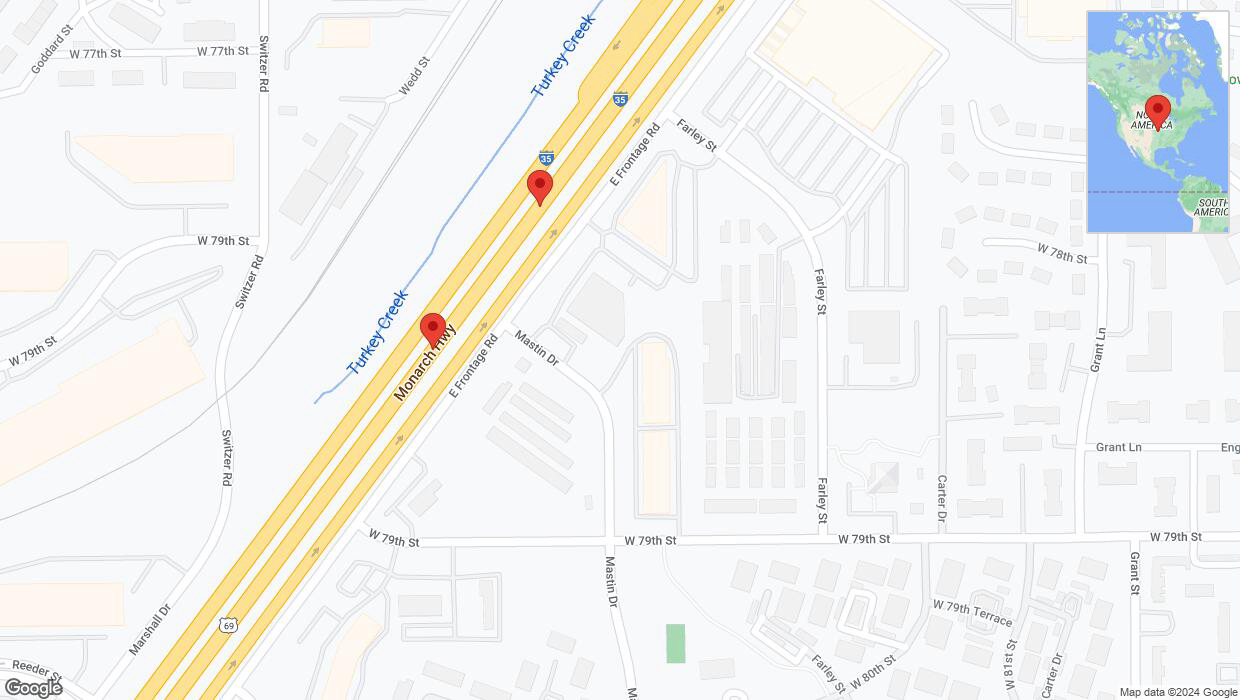 A detailed map that shows the affected road due to 'Broken down vehicle on eastbound I-35 in Overland Park' on August 20th at 6:12 p.m.