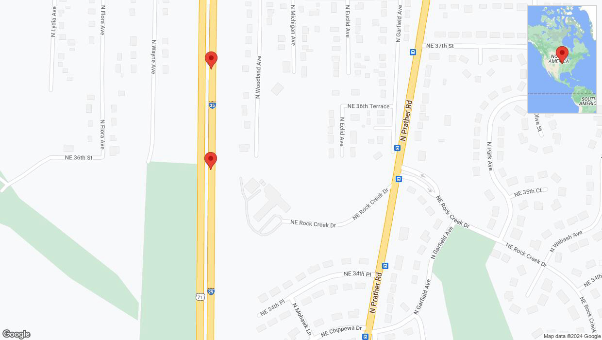 A detailed map that shows the affected road due to 'Broken down vehicle on northbound I-29/I-35 in Kansas City' on August 19th at 1:03 p.m.