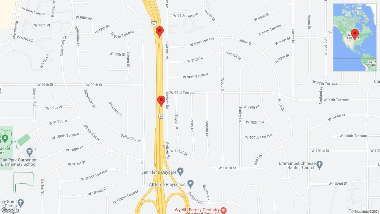A detailed map that shows the affected road due to 'Broken down vehicle on northbound US-69 in Overland Park' on August 19th at 3:09 p.m.