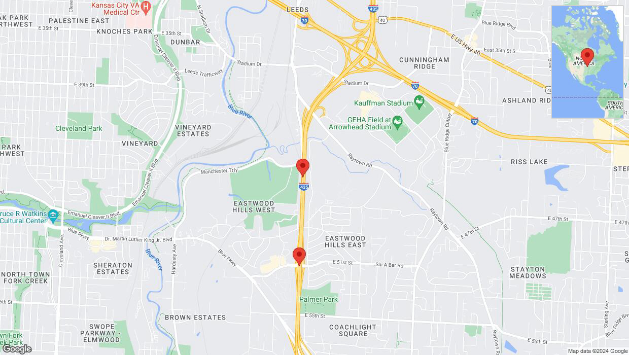 A detailed map that shows the affected road due to 'A crash has been reported on southbound I-435' on August 19th at 2:51 p.m.