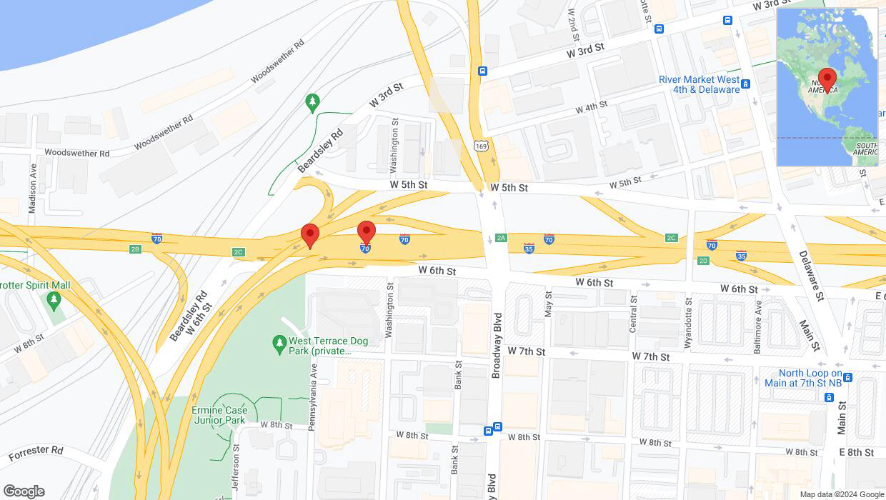 A detailed map that shows the affected road due to 'Broken down vehicle on eastbound I-70 in Kansas City' on August 19th at 3:57 p.m.