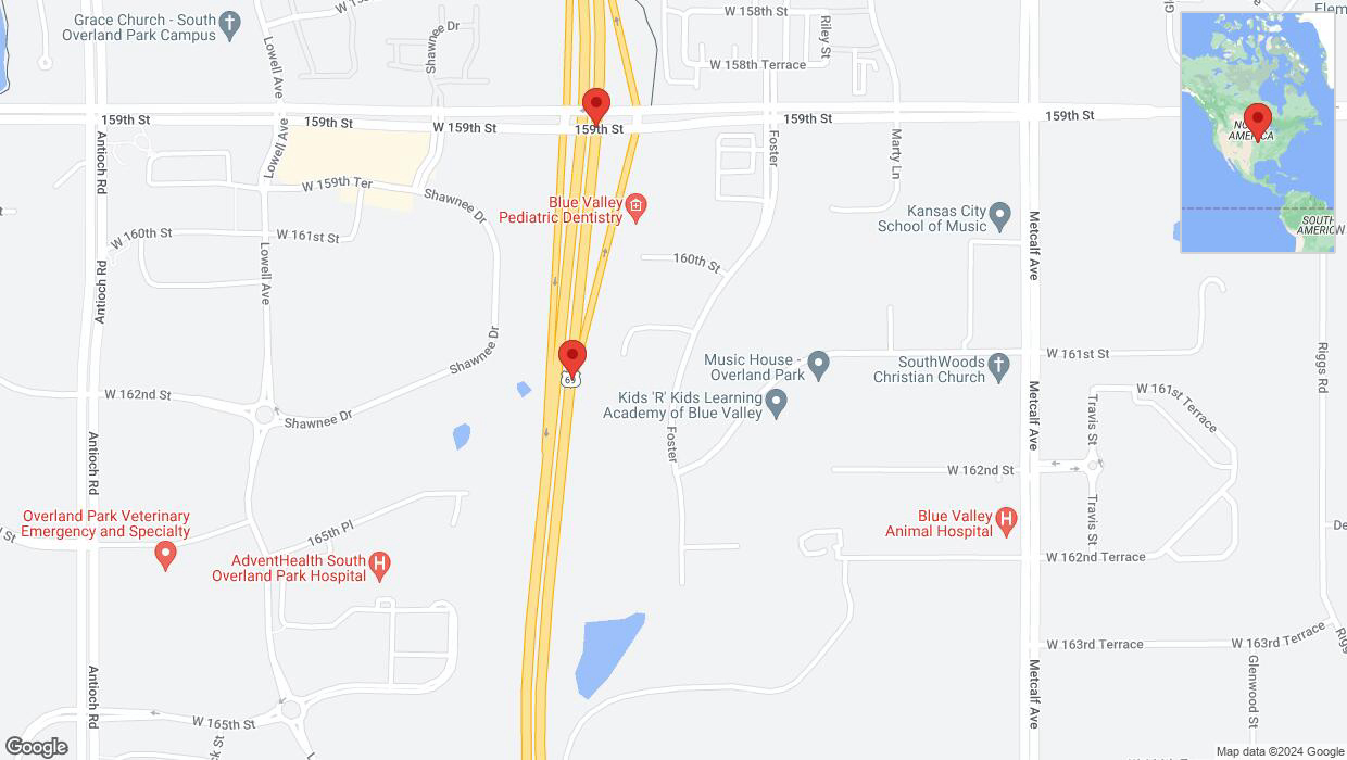 A detailed map that shows the affected road due to 'Warning: Crash on northbound US-69 in Overland Park' on August 19th at 5:21 p.m.