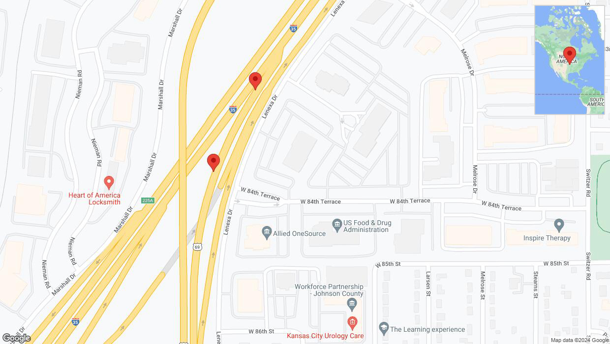 A detailed map that shows the affected road due to 'Broken down vehicle on northbound US-69 in Lenexa' on August 19th at 6:09 p.m.